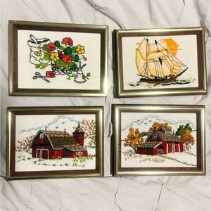 Set of Vintage Needlepoint Wall art Embroidered Flowers Scenic Nautica